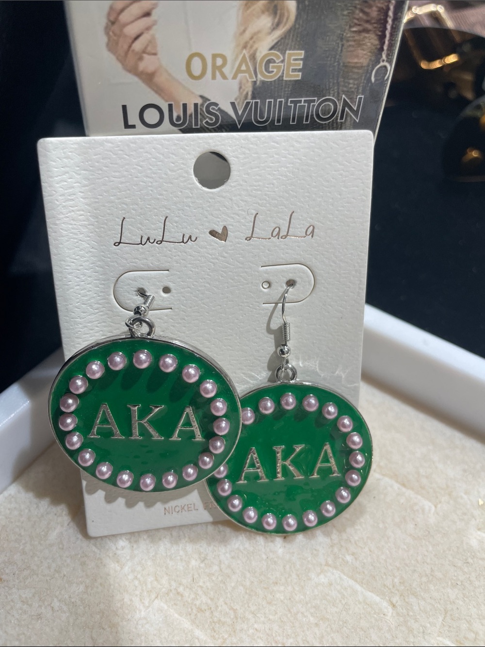 Green "AKA" Disc Earrings with Pink Pearl Trim